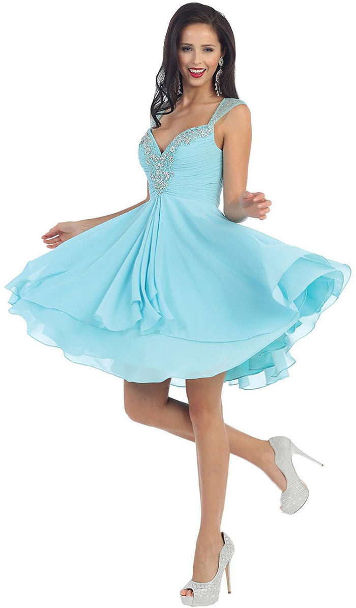 Cap Sleeve Floral Jeweled A-Line Cocktail Dress