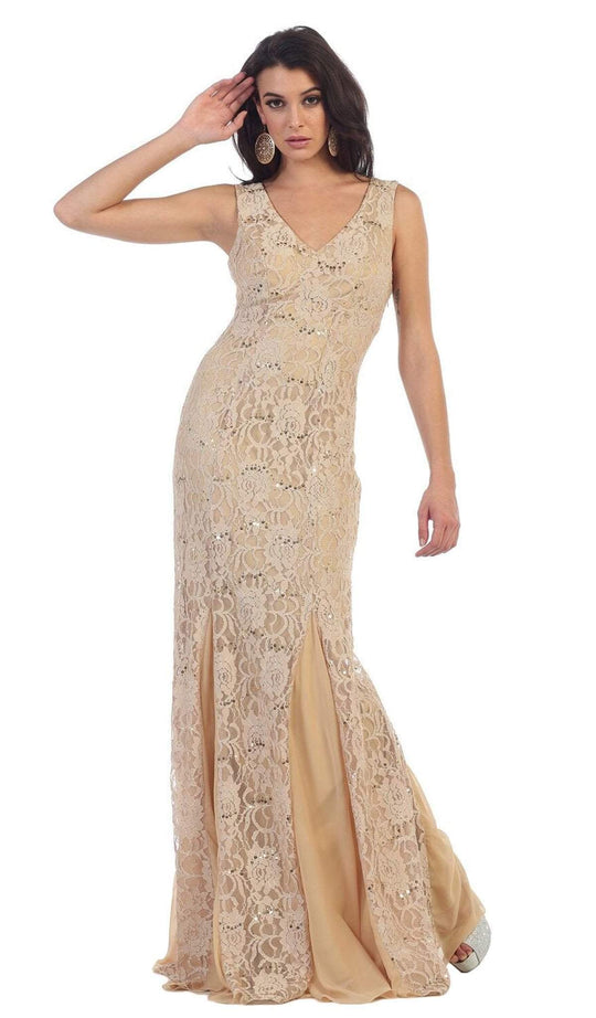 May Queen - Lace Embellished V-neck Sheath Evening Dress