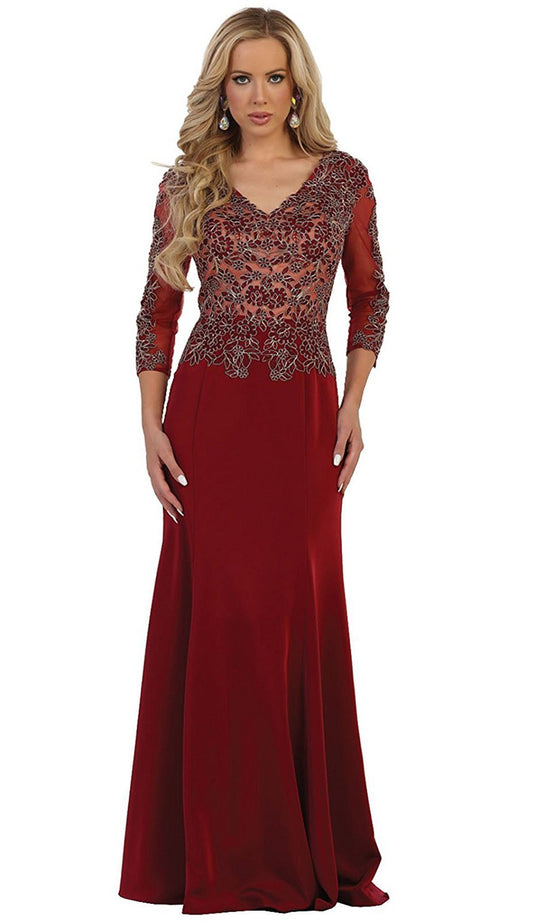 May Queen - MQ1505 Quarter Length Sleeve Lace Sheath Evening Dress