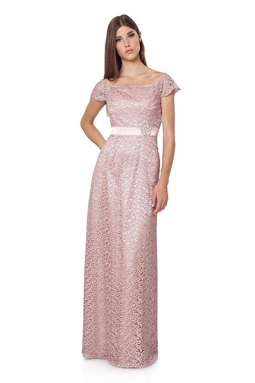 JS Collections - 865028 Square Neck Crochet Lace Long Dress in Pink