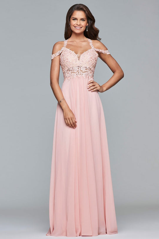 10006 Lace Appliqued Illusion Midriff Gown