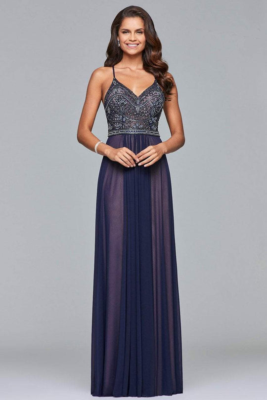 10020 Beaded V Neck Pleated Gown