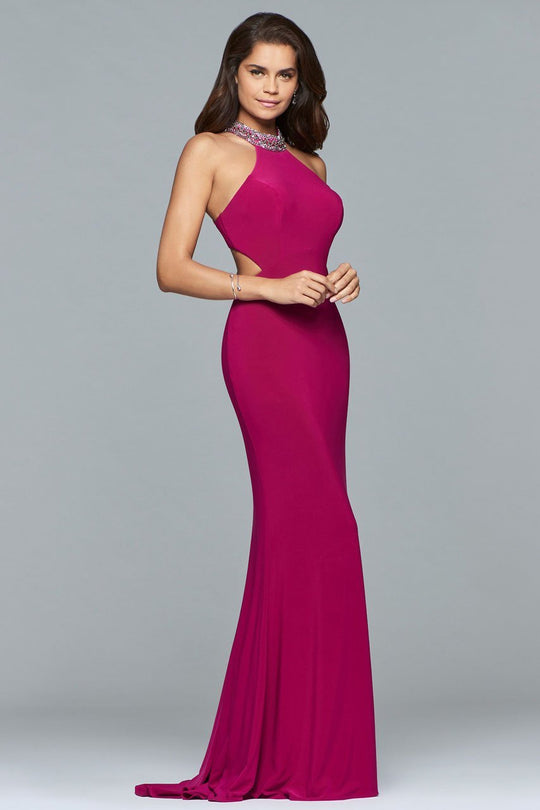 10038 Jewel Adorned Halter Cutout Gown