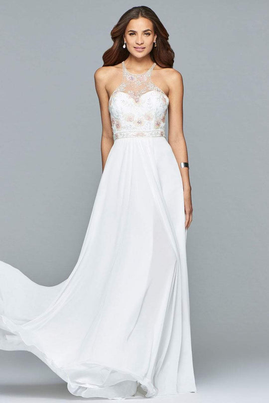 10043 Bejeweled Illusion Halter Chiffon Gown