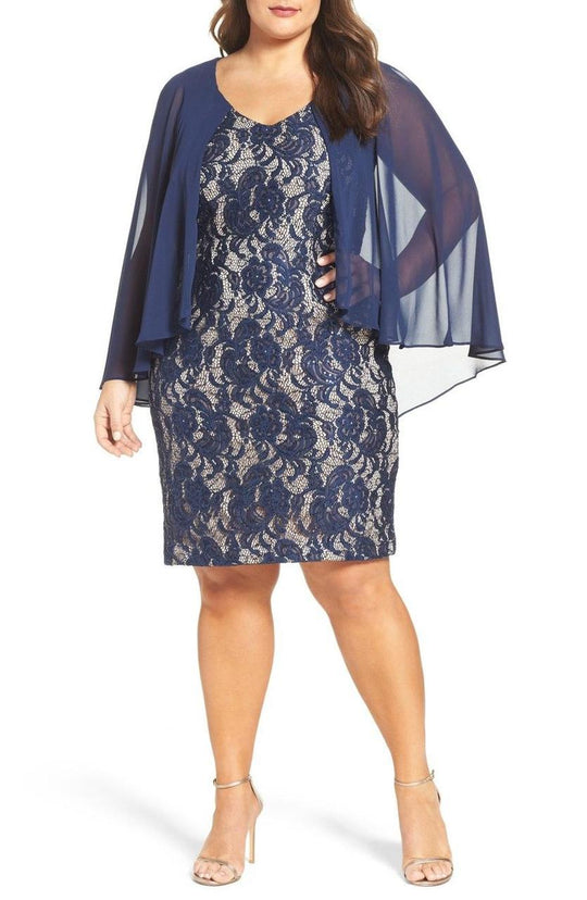 Alex Evenings - 4121736 Sequined V Neck Lace Cocktail Dress in Blue and Neutral
