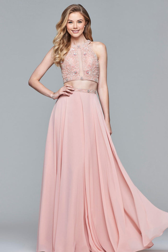 10059 Two-Piece Halter Illusion Panel Gown