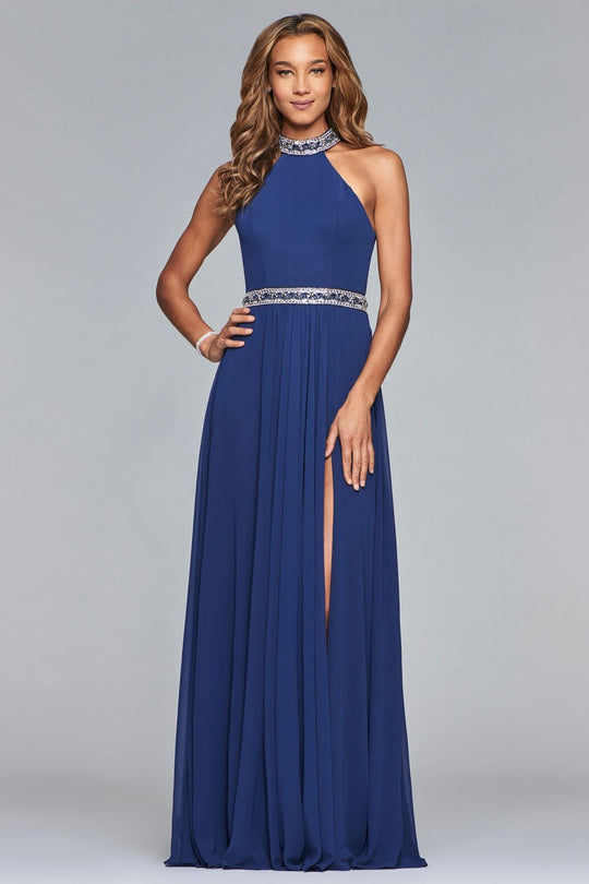 10068 Bejeweled High Halter A-Line Gown