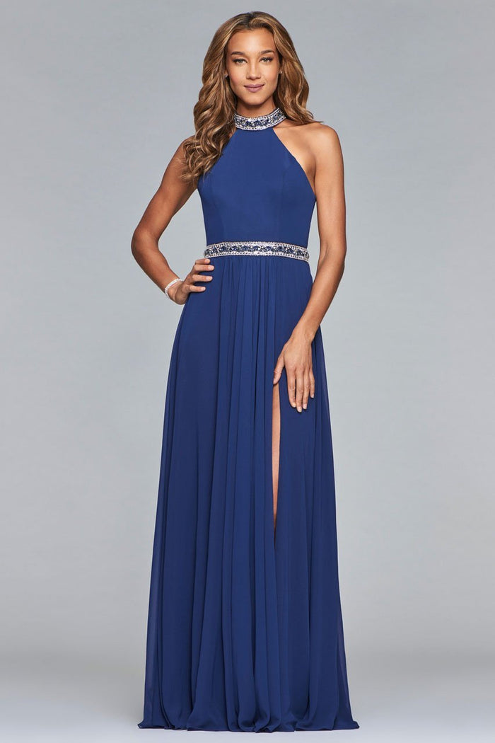 10068 Bejeweled High Halter A-Line Gown