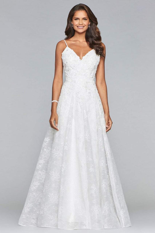 10085 Embroidered V Neck Evening Gown