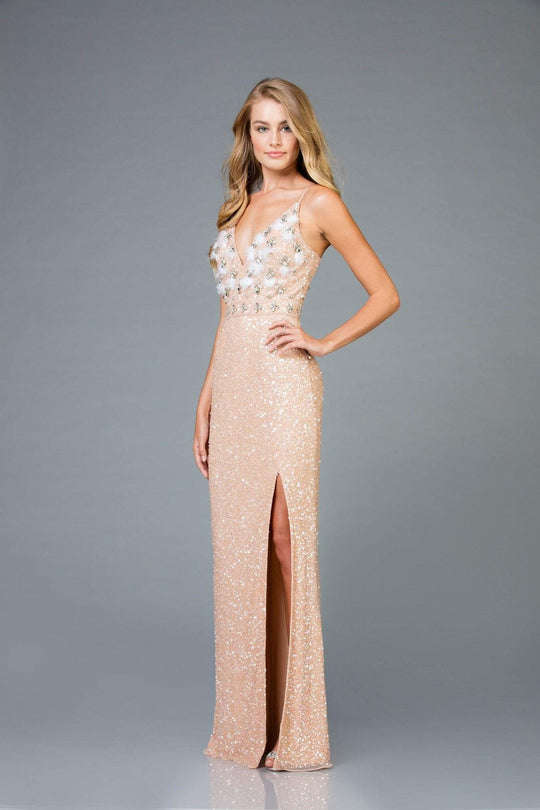 Scala - 48963 Sequined Deep V-neck Sheath Dress With Slit In Nude and Silver