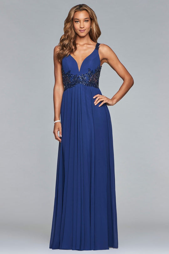 10102 Beaded Plunging V Neck Chiffon Dress