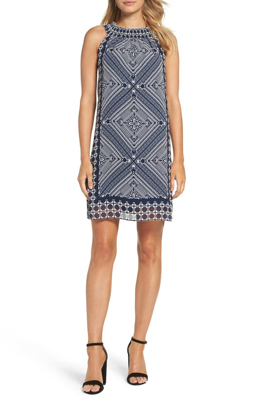 Taylor - 8938M Scarf Print Sheath Dress in White and Blue