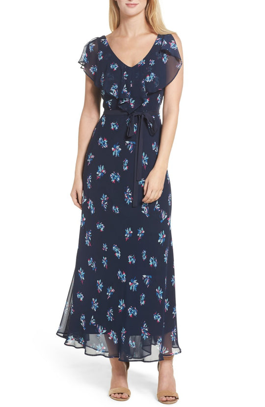 Taylor - 8941M Floral Tie Waist Dress in Blue