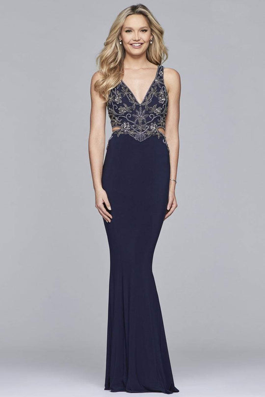 10108 Beaded Plunging V-neck Sheath Dress