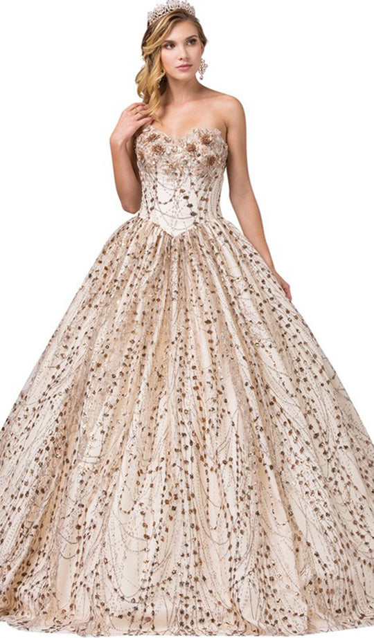 Dancing Queen - 1385 Strapless Floral Applique Ballgown In Gold