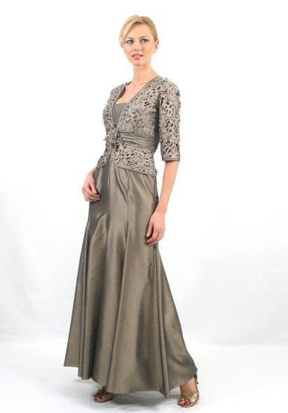Daymor Couture - Straight Floral Long Dress with Jacket 1016 in Silver