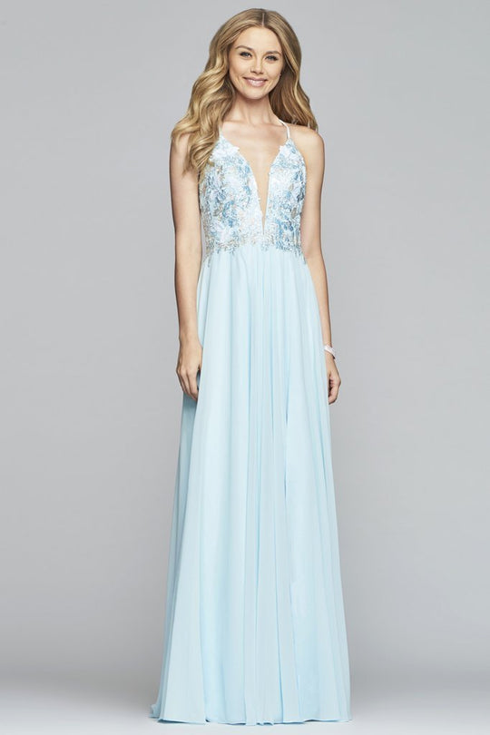 Faviana - 10201 Plunging V Neckline Halter Lace Up Back Gown in Blue
