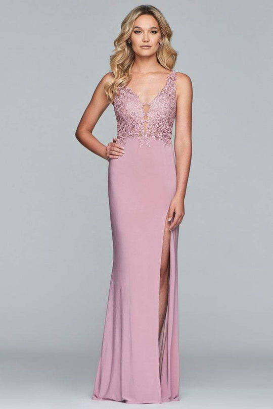 Faviana - 10204 Lace Applique Illusion Fitted Bodice Jersey Gown in Pink