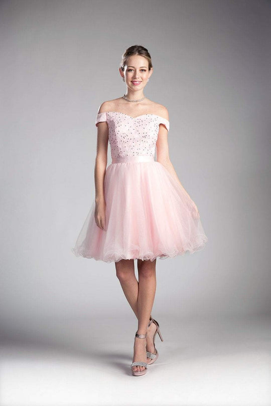 Cinderella Divine - 1021 Beaded Off-Shoulder A-Line Cocktail Dress In Pink