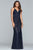 Faviana - 10257 Metallic Jersey Pleated V-neck Sheath Dress in Blue