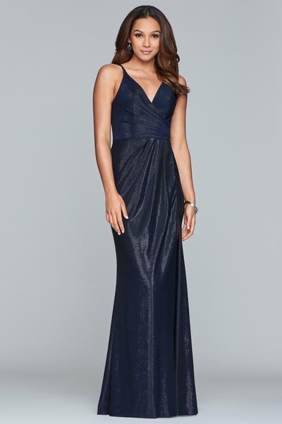 Faviana - 10257 Metallic Jersey Pleated V-neck Sheath Dress in Blue