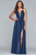 Faviana - 10264 Pleated Deep V-neck Glitter Chiffon A-line Dress in Blue
