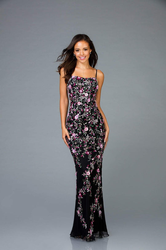 Scala - 48964 Sleeveless Floral Sequined Sheath Dress In Black and Multi-Color