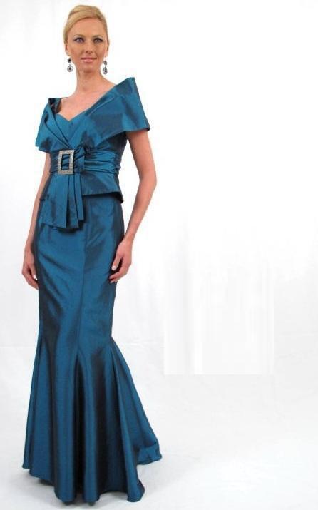 Daymor Couture - 10332 Pleated V-neck Trumpet Dress In Blue and Green