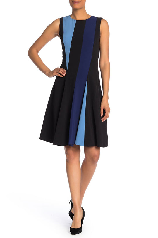 Taylor - 1244M Sleeveless Color block Fit and Flare Crepe Dress In Black and Blue