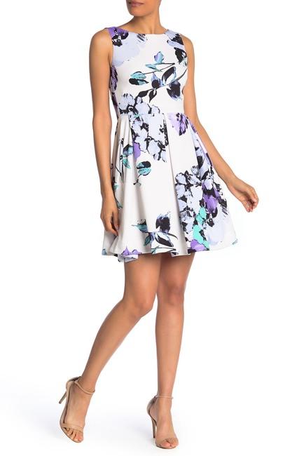 Taylor - 1307M Sleeveless Floral Print Fit and Flare Short Scuba Dress In White and Purple