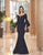 Daymor Couture - 1053 Bateau Circular Flounce Sleeves Mermaid Gown In Blue and Black