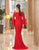 Daymor Couture - 1053 Bateau Circular Flounce Sleeves Mermaid Gown In Red