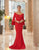 Daymor Couture - 1053 Bateau Circular Flounce Sleeves Mermaid Gown In Red