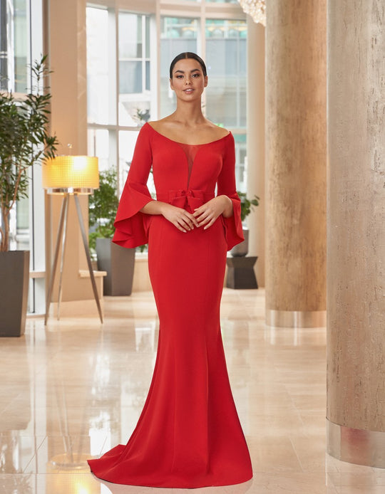 Daymor Couture - 1053 Bateau Circular Flounce Sleeves Mermaid Gown In Red