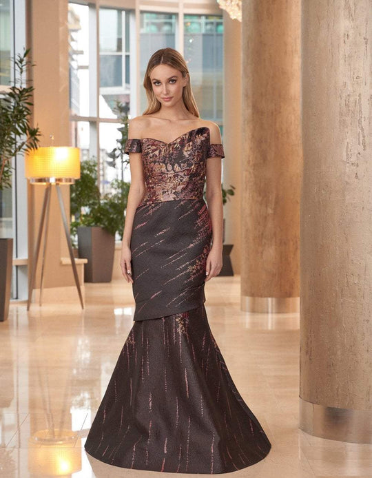Daymor Couture - 1054B Detachable Skirt Floral Print Trumpet Gown In Brown