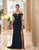 Daymor Couture - 1055 Detachable Long Sleeves Column Gown In Blue and Black