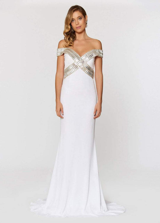 Ashley Lauren - 1055 Beaded Off Shoulder Evening Dress in White