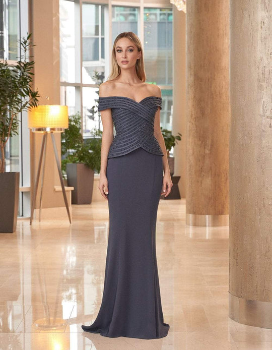 Daymor Couture - 1062 Embellished Bodice Off-Shoulder Trumpet Gown In Gray