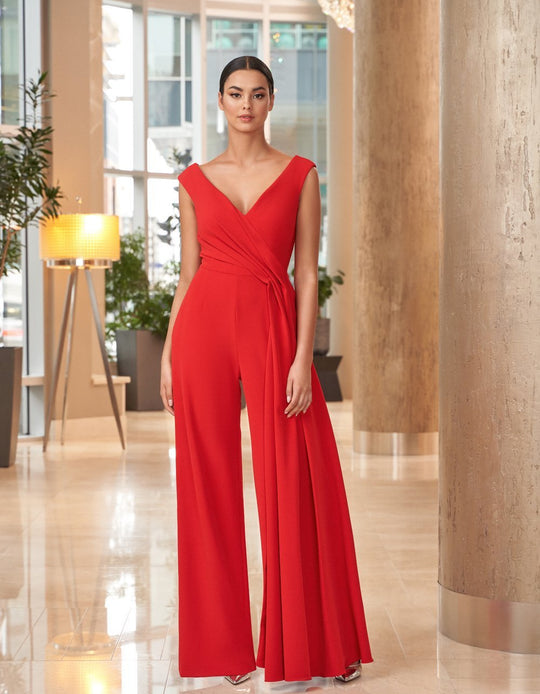 Daymor Couture - 1063 V-Neckline Long Jumpsuit In Red