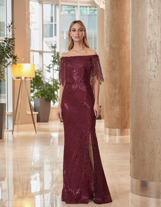 Daymor Couture - 1064 Off-Shoulder Low Slit Column Gown In Brown and Red