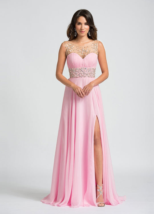 Ashley Lauren - 1064 Beaded Illusion Bateau Evening Dress in Pink