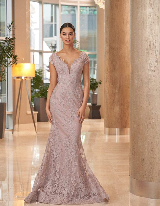 Daymor Couture - 1066 Embroidered Cap Sleeves Trumpet Gown In Pink