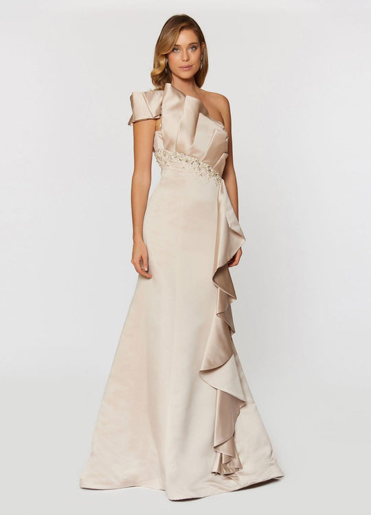 Ashley Lauren - 1066 Asymmetrical Ruffle Evening Dress in Neutral