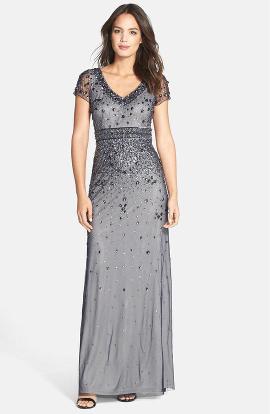 Adrianna Papell - Bejeweled Short Sleeve Empire Waist Gown 91904770 in Blue and Silver