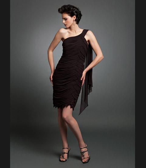 Daymor Couture - Ruched Asymmetric Sheath Dress 107 in Brown