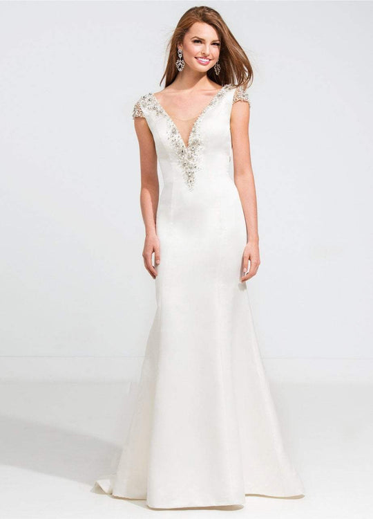 Ashley Lauren - 1071 Beaded V-Neck Evening Dress in White