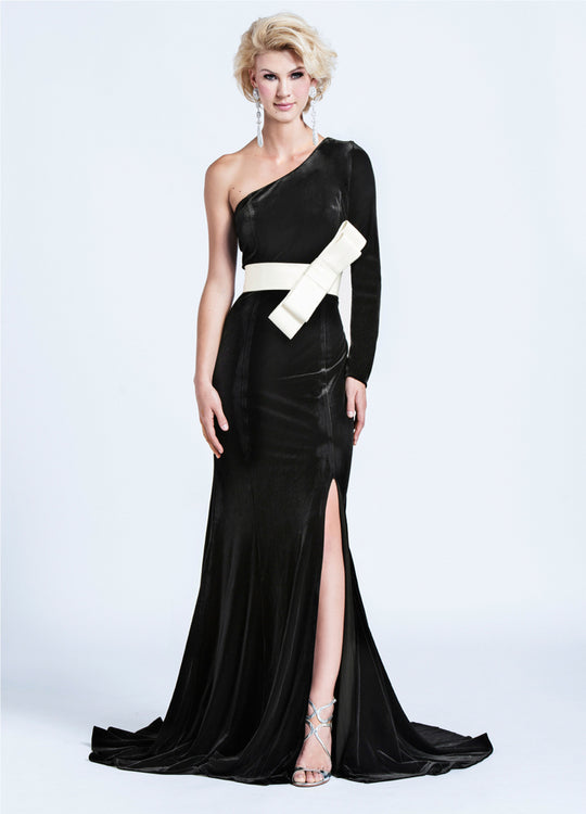 Ashley Lauren - 1073 One Sleeve Velvet Evening Dress in Black