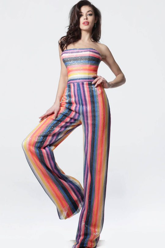 Jovani - 1075 Sequined Strapless Jumpsuit In Multi-Color