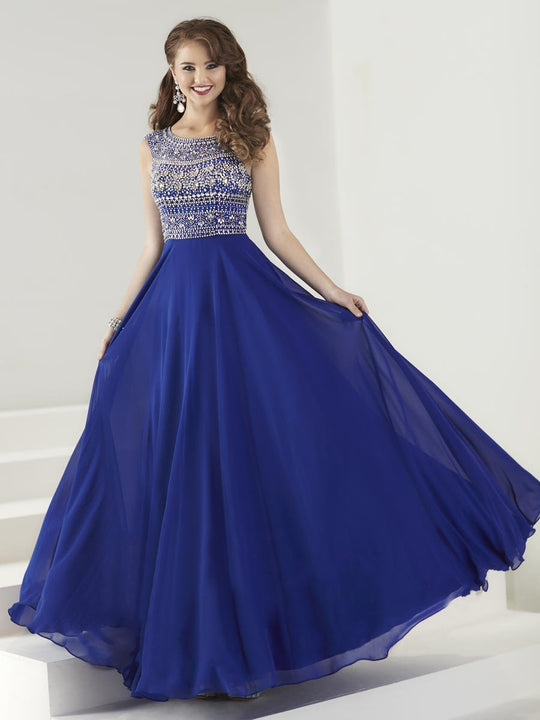 Tiffany Homecoming - Exquisitely Accented Bateau Illusion Evening Gown 16184 In Blue