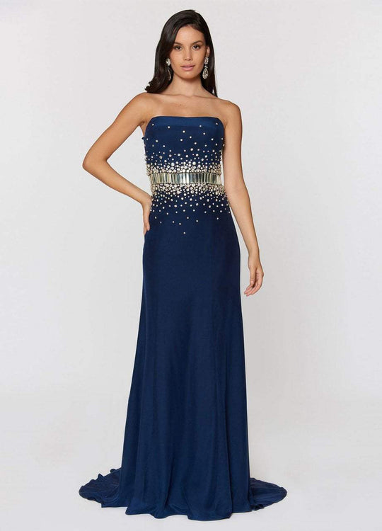 Ashley Lauren - 1078 Strapless Beaded Belt Evening Dress in Blue